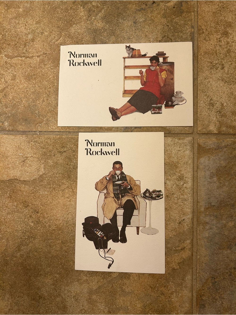 2 Vintage postcards of 1958 paintings by Norman Rockwell for Red Rose Tea